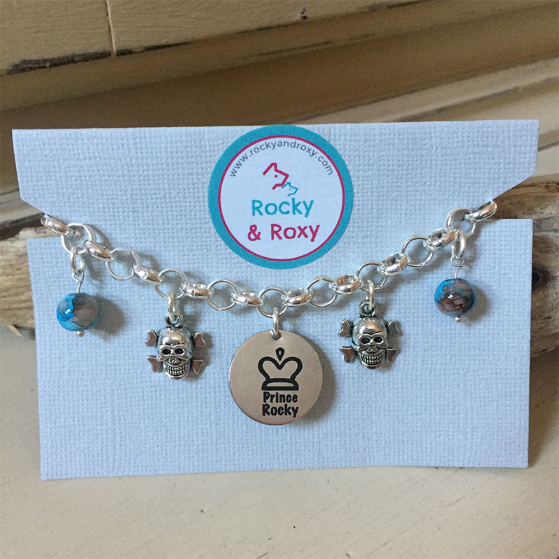 Personalised Dog Necklace Personalised with PRINCE Design<br>Handmade with Silver-Plated Belcher Chain, Charms & Browny Turquoise Glass Beads