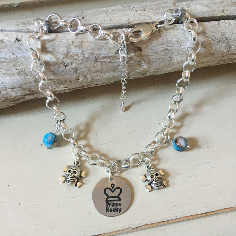 Personalised Dog Necklace Personalised with PRINCE Design<br>Handmade with Silver-Plated Belcher Chain, Charms & Browny Turquoise Glass Beads