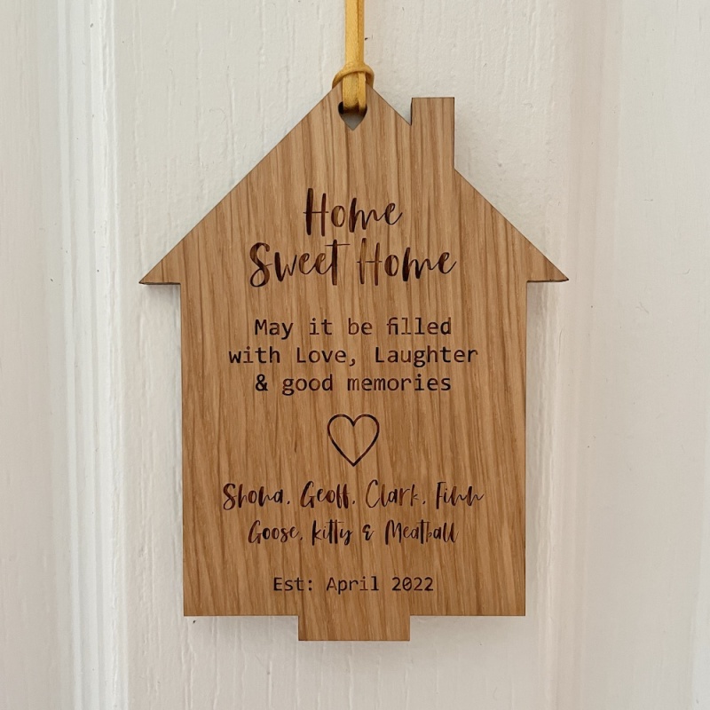 Wooden Home Sweet Home Plaque Keepsake in Solid Oak Wood with Stand Personalised with your own words