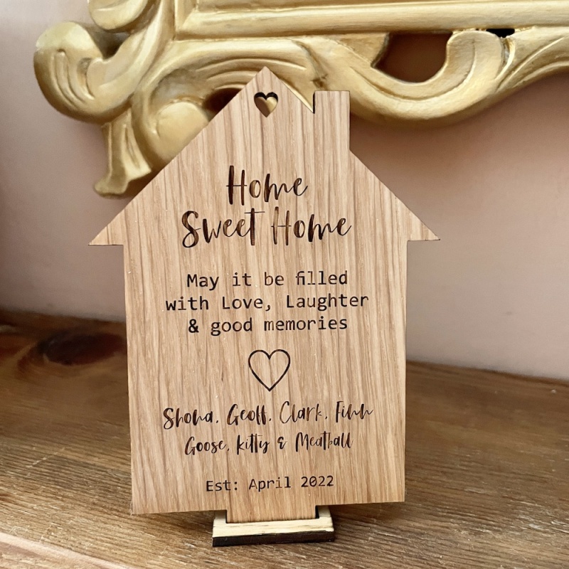 Wooden Home Sweet Home Plaque Keepsake in Solid Oak Wood with Stand Personalised with your own words