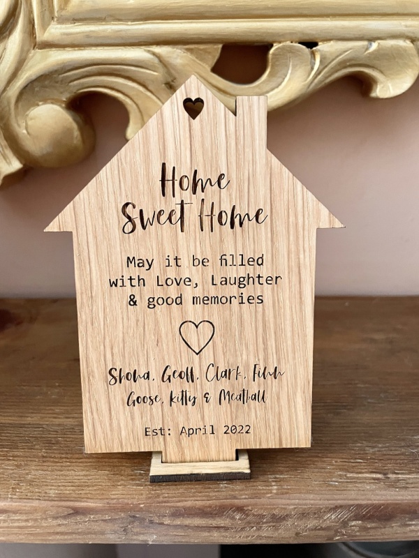 Wooden Home Sweet Home Plaque Keepsake in Solid Oak Wood with Stand Personalised with your own words