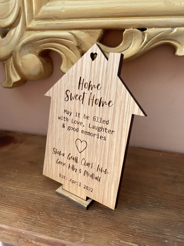 Wooden Home Sweet Home Plaque Keepsake in Solid Oak Wood with Stand Personalised with your own words