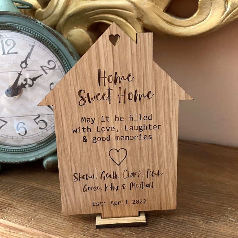 Wooden Home Sweet Home Plaque Keepsake in Solid Oak Wood with Stand Personalised with your own words