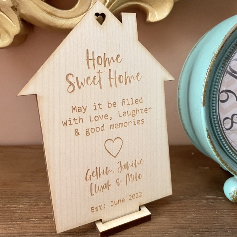 Wooden Home Sweet Home Plaque Keepsake in Solid Maple Wood with Stand Personalised with your own words