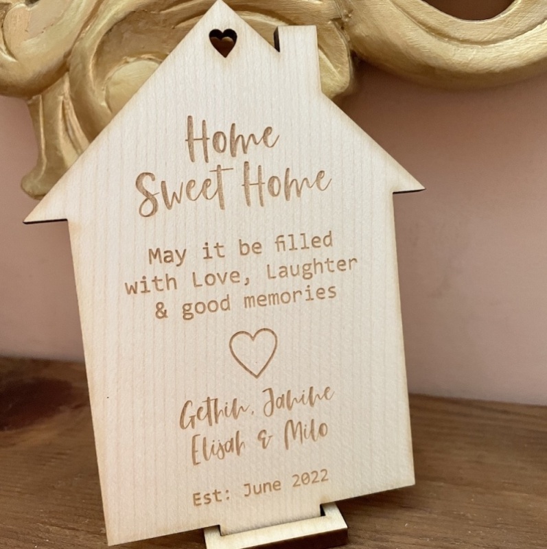 Wooden Home Sweet Home Plaque Keepsake in Solid Maple Wood with Stand Personalised with your own words