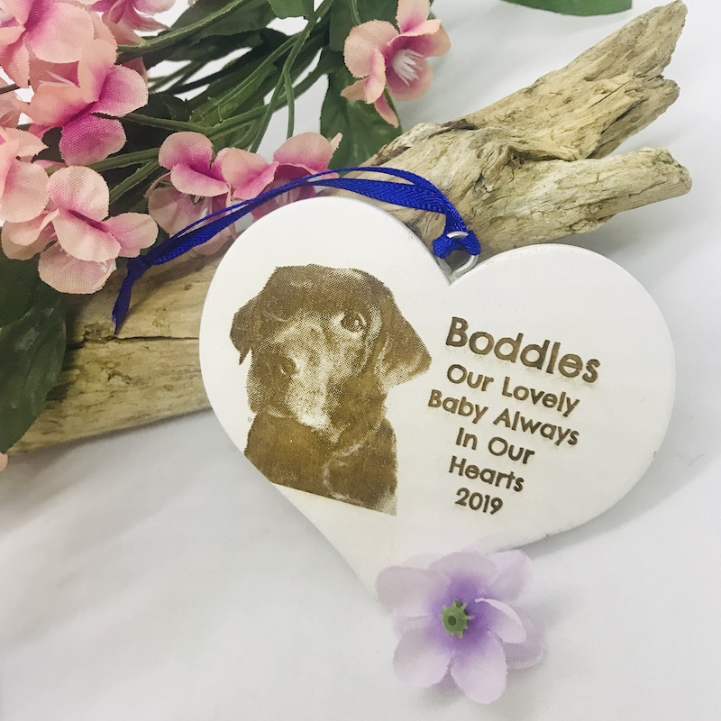 White Heart Keepsake Personalised with image for remembering a loved Pet Dog