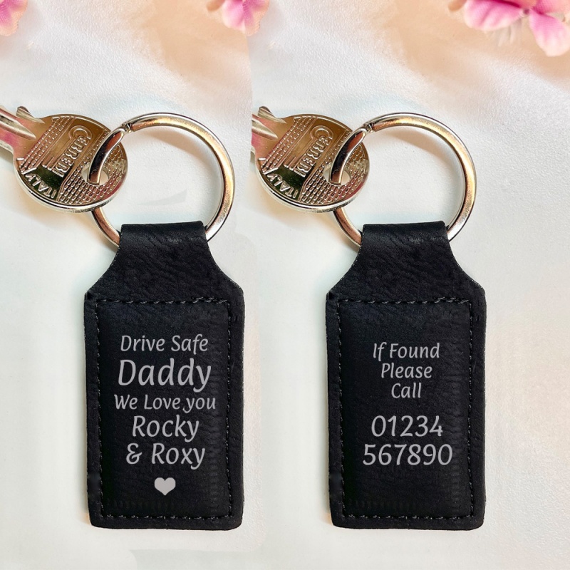 Personalised Faux Vegan Leather Keyring with Dad drive carefully we love you from children