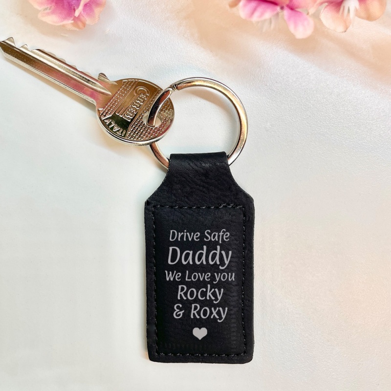 Personalised Faux Vegan Leather Keyring with Dad drive carefully we love you from children