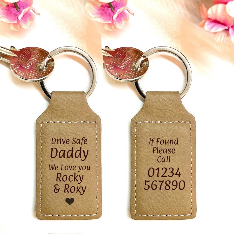 Personalised Faux Vegan Leather Keyring with Dad drive carefully we love you from children