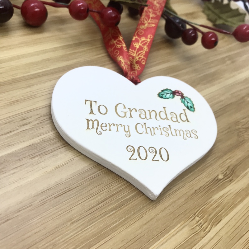 1 Merry Christmas Grandad White Heart Bauble Personalised with your own words
