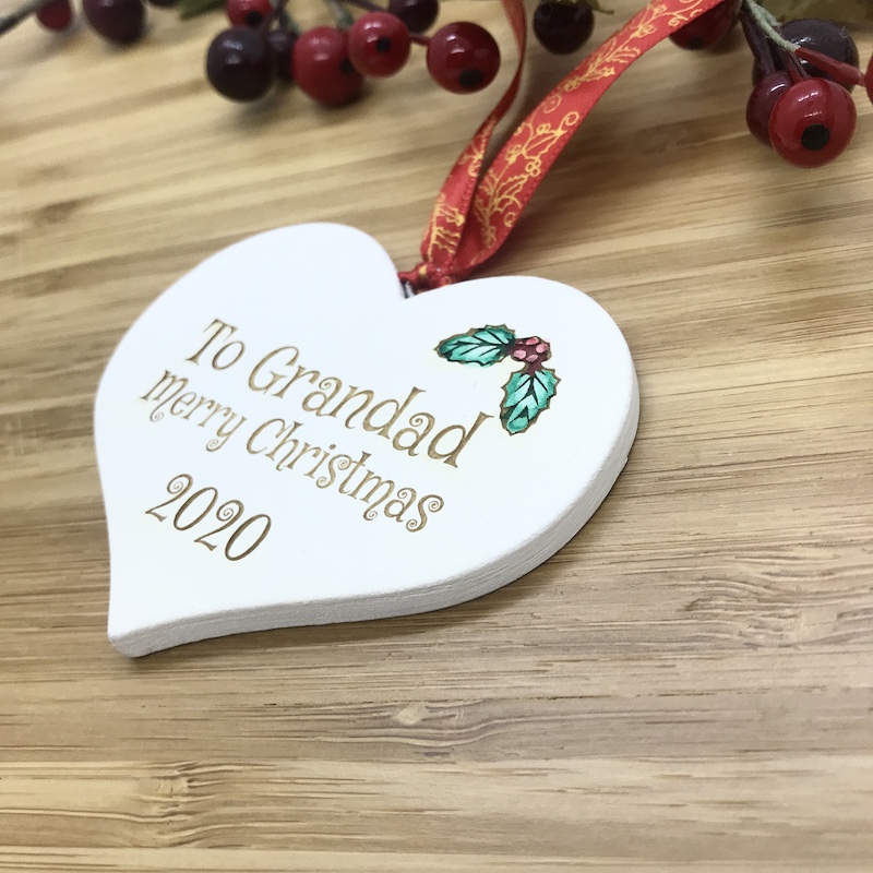 1 Merry Christmas Grandad White Heart Bauble Personalised with your own words