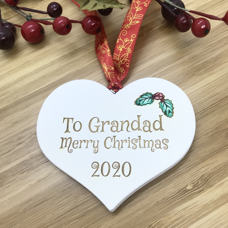 1 Merry Christmas Grandad White Heart Bauble Personalised with your own words