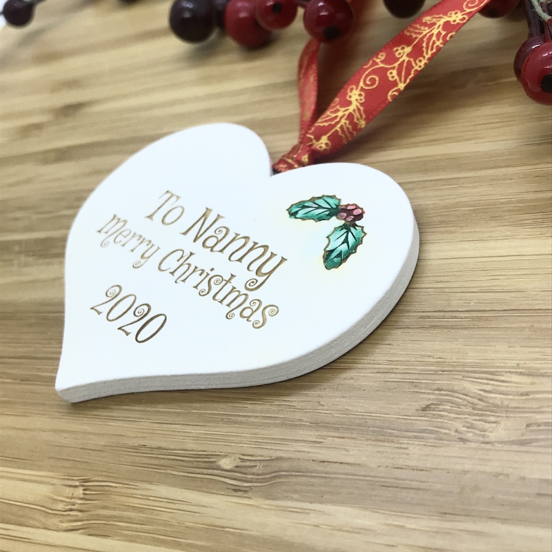 1 Merry Christmas Nanny White Heart Bauble Personalised with your own words
