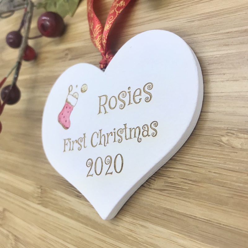 1 Merry Christmas Rosies First Christmas for babies White Heart Bauble Personalised with your own words