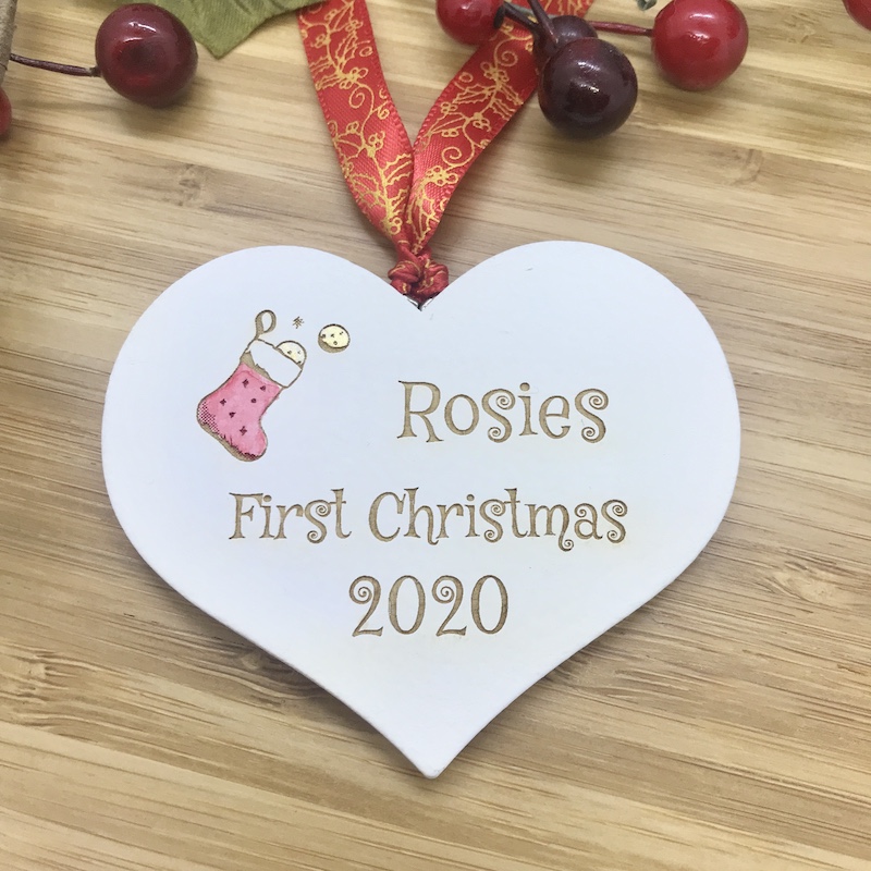 1 Merry Christmas Rosies First Christmas for babies White Heart Bauble Personalised with your own words