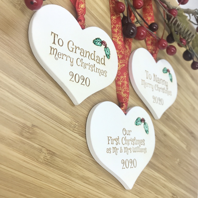1 Merry Christmas Set of Three White Heart Baubles Personalised with your own words