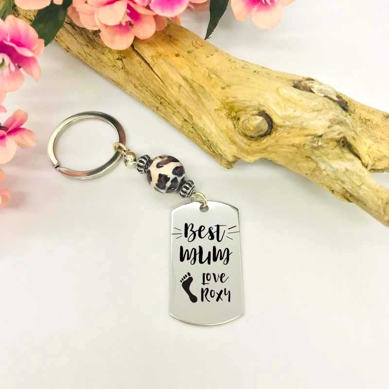 Personalised Rectangular Shape Keyring with Leopard Bead BEST MUM with CHILDS FOOT and NAME