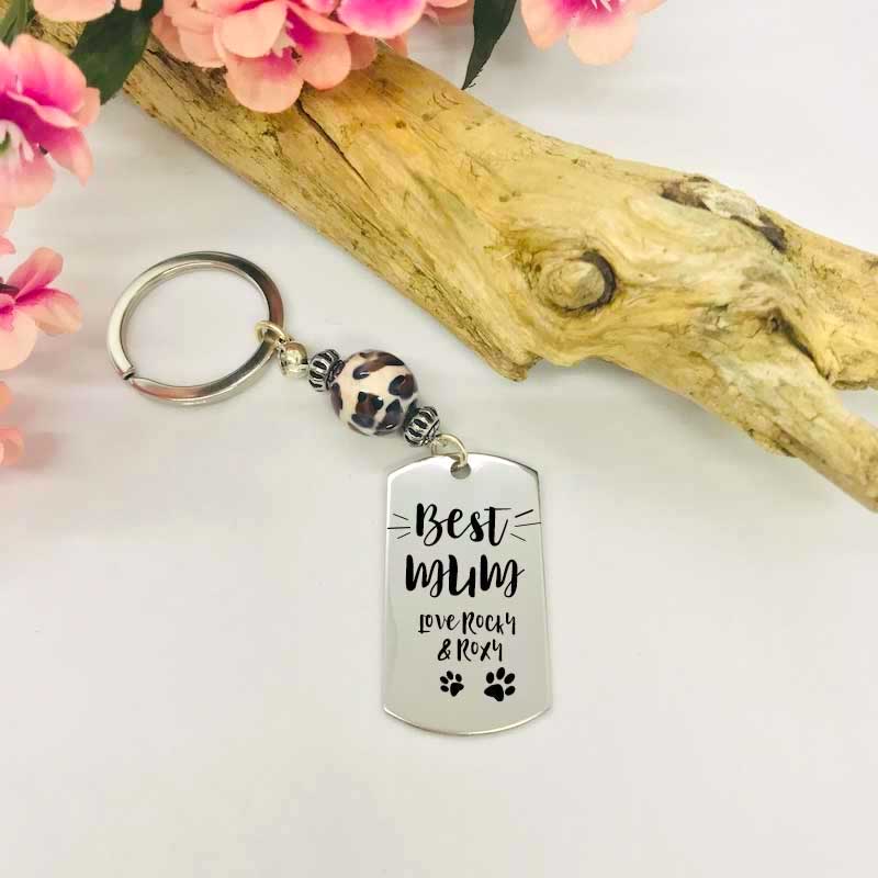 Personalised Rectangular Shape Keyring with Leopard Bead BEST MUM with PAW MARKS from the DOG or CAT