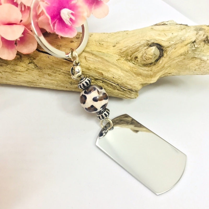Personalised Rectangular Shape Keyring with Leopard Bead BLANK for your own MESSAGE