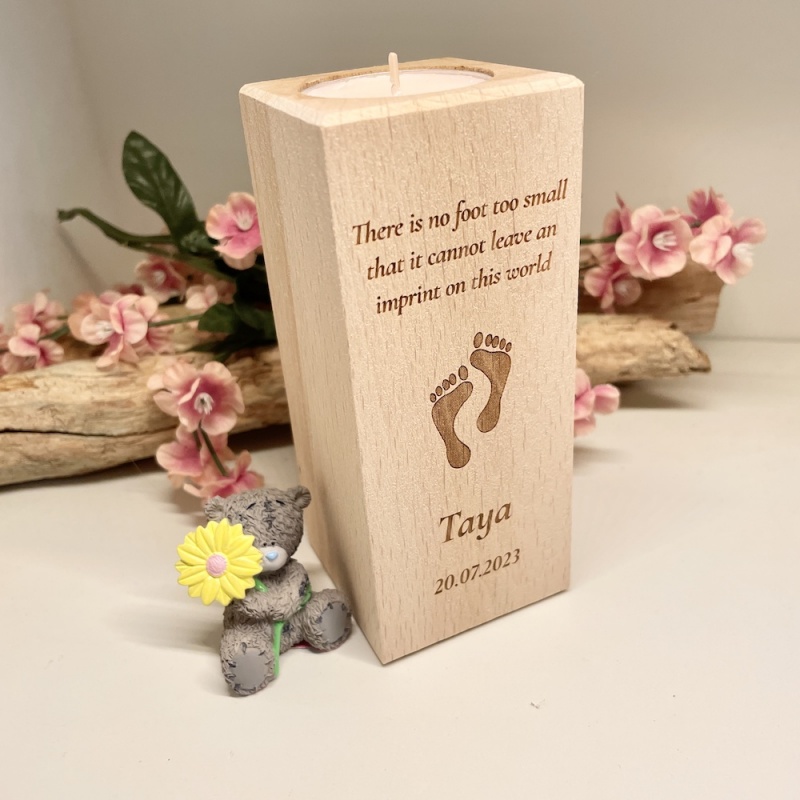 Personalised Tall Wood Block Candle holder to remember a loved one with little feet