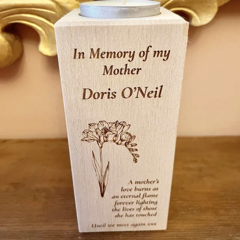 Personalised Tall Wood Block Candle holder to remember a loved one freesia design