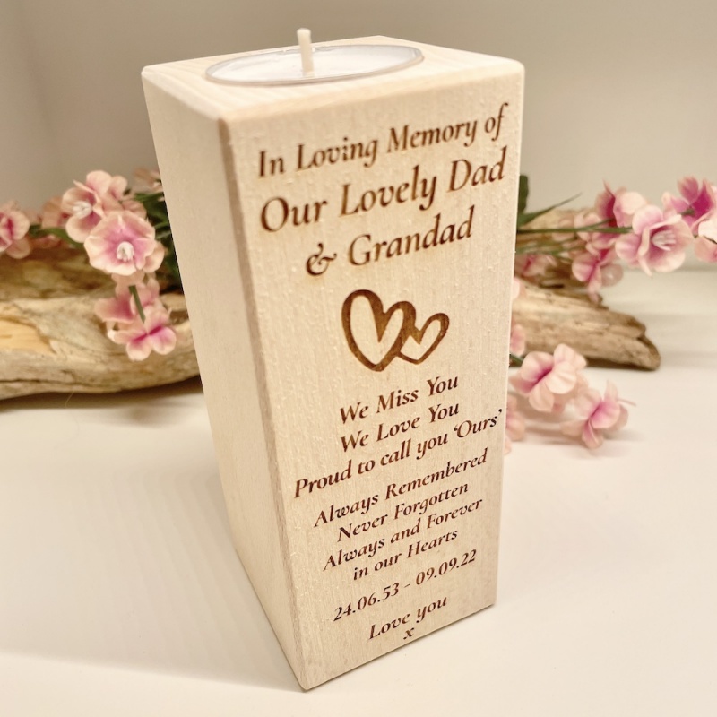 Personalised Tall Wood Block Candle holder to remember a loved one with intertwined hearts