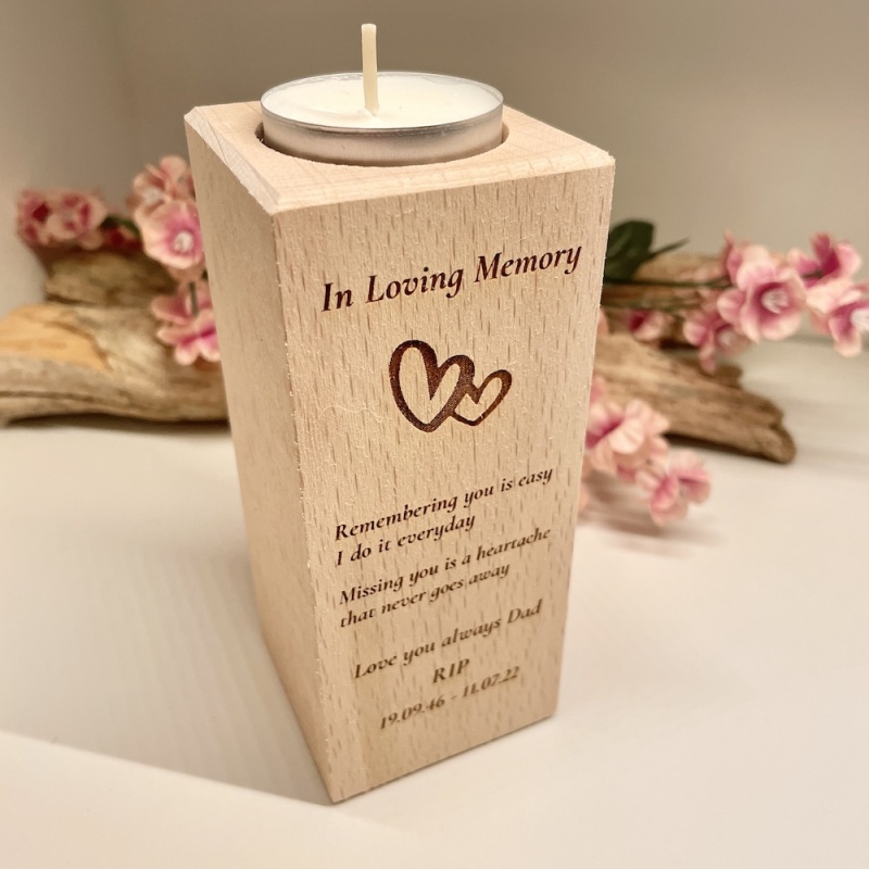 Personalised Tall Wood Block Candle holder to remember a loved one with intertwined hearts