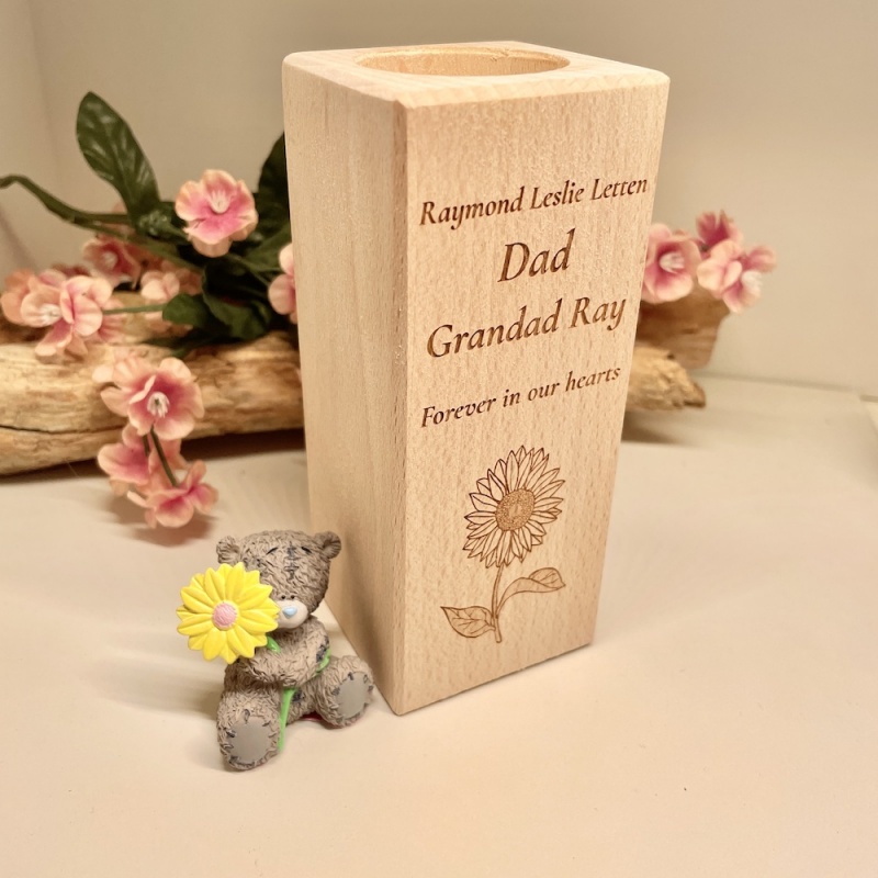 Personalised Tall Wood Block Candle holder to remember a loved one with Sunflower