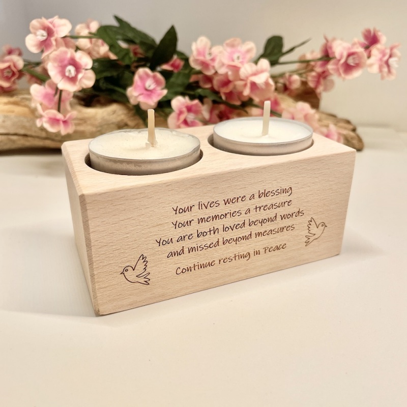 Personalised Wood Block Double Candle holder to remember a loved one with Doves