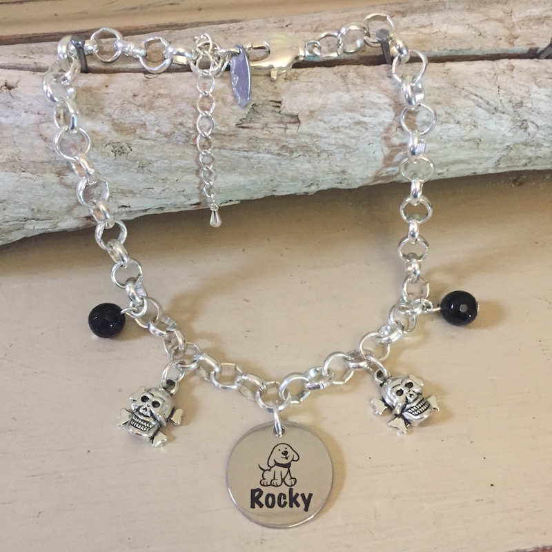 Personalised Dog Necklace JACK RUSSELL Design with Dog Name<br>Handmade with Silver-Plated Belcher Chain, Pet Name & Black Agate Gemstones