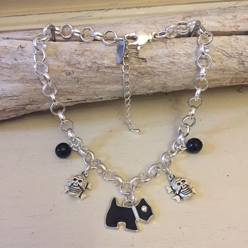 Personalised Dog Necklace JACK RUSSELL Design<br>Handmade with Silver-Plated Belcher Chain, Charms & Black Agate Gemstones