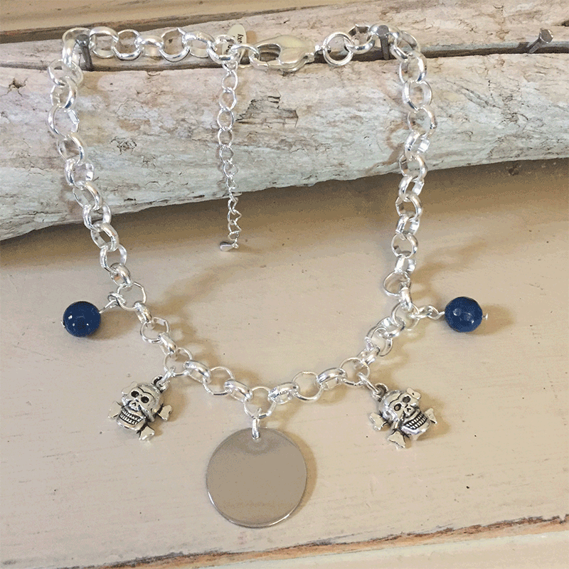 Personalised Dog Necklace MINI SCHNAUZER Design<br>Handmade with Silver-Plated Belcher Chain, Charms & Dark Blue Agate Gemstones