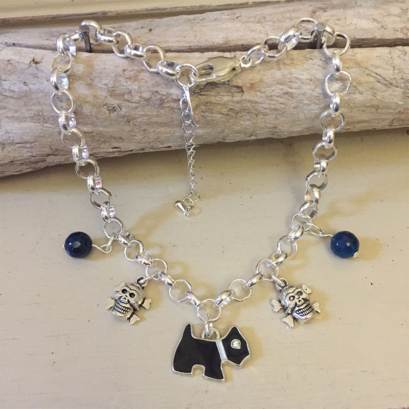 Personalised Dog Necklace MINI SCHNAUZER Design<br>Handmade with Silver-Plated Belcher Chain, Charms & Dark Blue Agate Gemstones