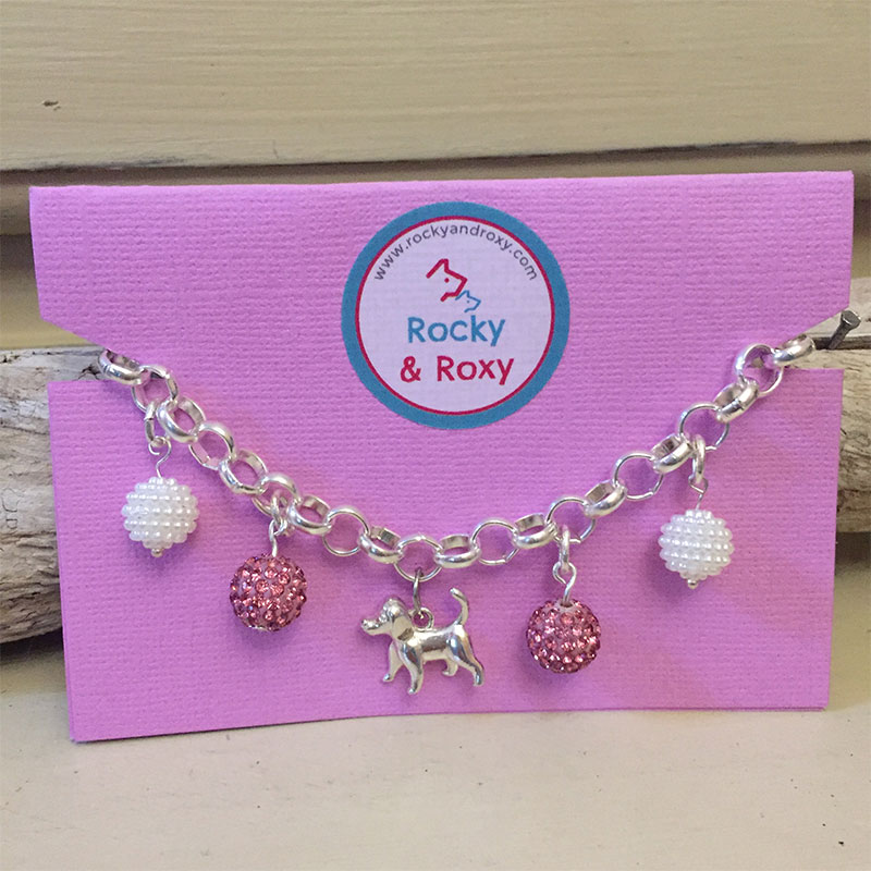 Personalised Dog Necklace PAPILLON Design<br>Handmade with Silver-Plated Belcher Chain, Dog Charm, Pink Crystal Balls & Cluster Pearl Acrylic Beads