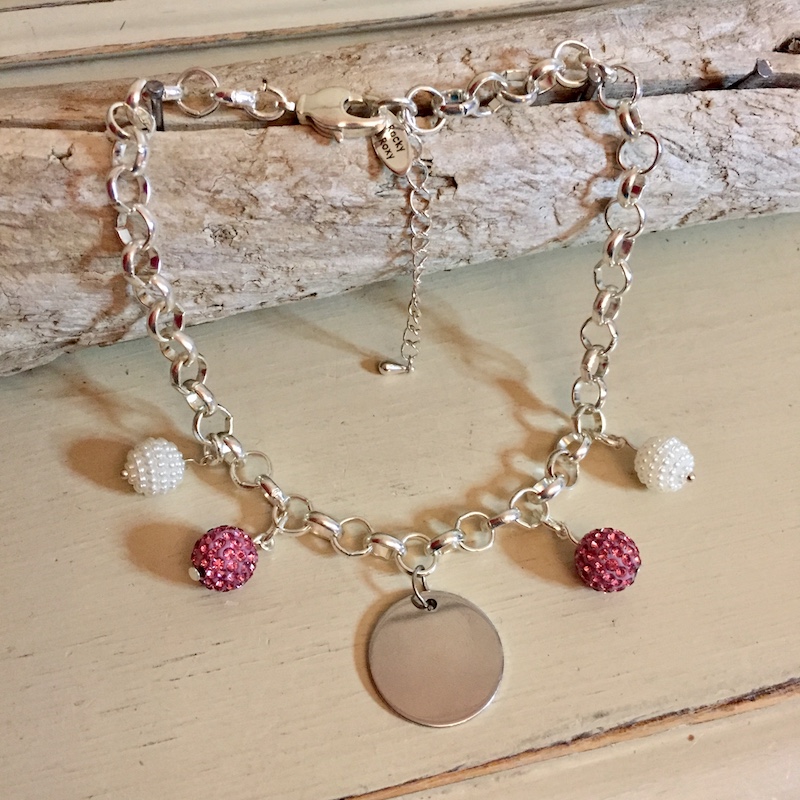 Personalised Dog Necklace PAPILLON Design<br>Handmade with Silver-Plated Belcher Chain, Dog Charm, Pink Crystal Balls & Cluster Pearl Acrylic Beads