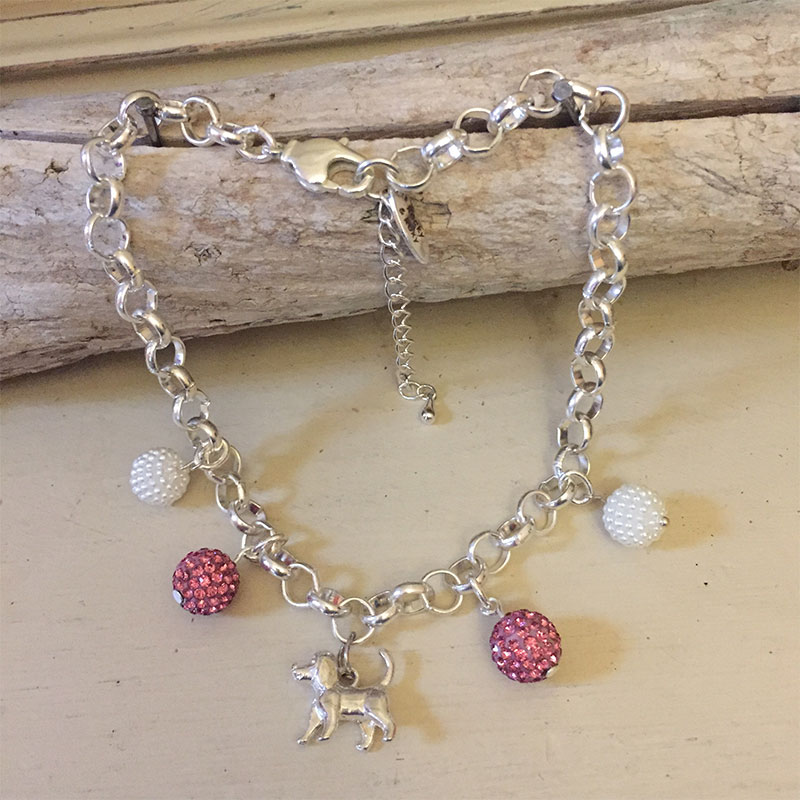 Personalised Dog Necklace PAPILLON Design<br>Handmade with Silver-Plated Belcher Chain, Dog Charm, Pink Crystal Balls & Cluster Pearl Acrylic Beads