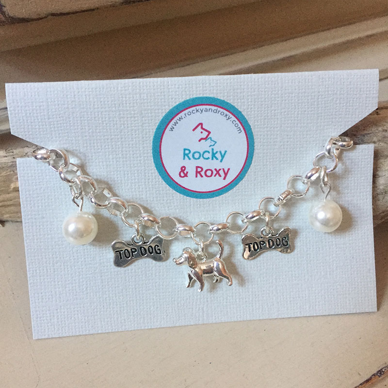 Personalised Dog Necklace POMERANIAN Design<br>Handmade with Silver-Plated Belcher Chain, Charms & Pearl Acrylic Beads