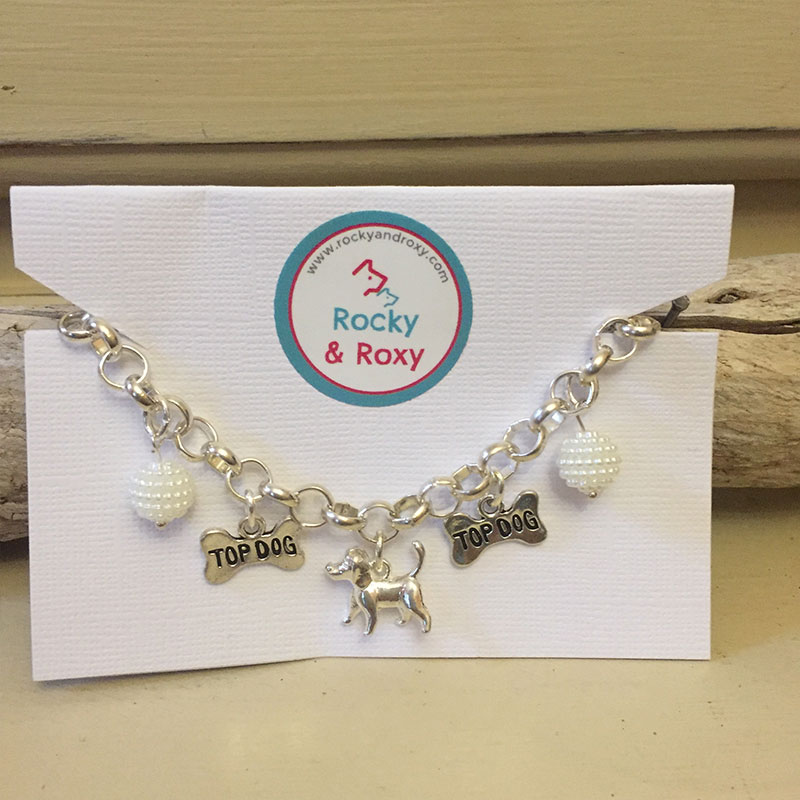 Personalised Dog Necklace TOY POODLE Design<br>Handmade with Silver-Plated Belcher Chain, Charms & Cluster Pearl Acrylic Beads