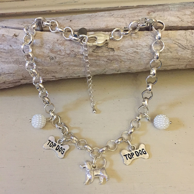 Personalised Dog Necklace TOY POODLE Design<br>Handmade with Silver-Plated Belcher Chain, Charms & Cluster Pearl Acrylic Beads