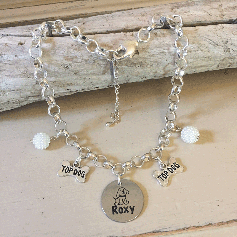 Personalised Dog Necklace TOY POODLE Design with Dog Name<br>Handmade with Silver-Plated Belcher Chain, Pet Name & Cluster Pearl Acrylic Beads