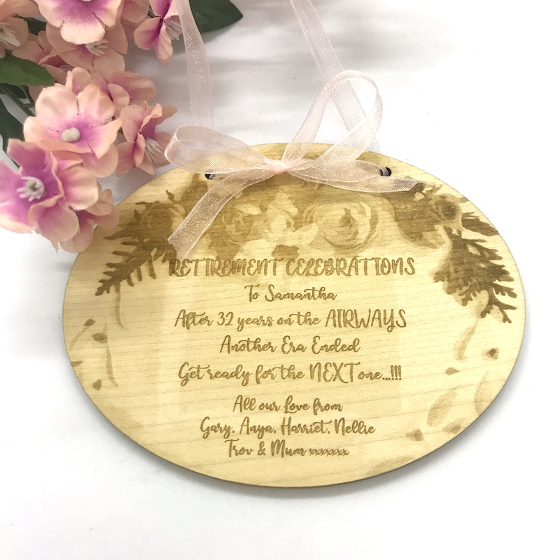 Retirement Celebrations Plaque Keepsake in Solid Maple Wood Personalised with your own words