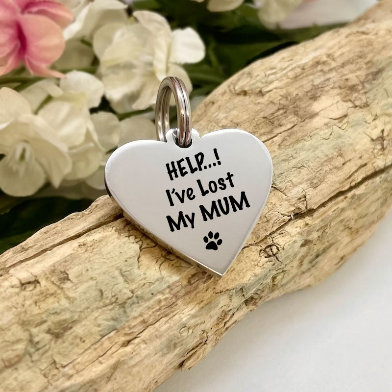 Pet ID Tag Personalised Heart Shaped with HELP..! I'VE LOST MY MUM