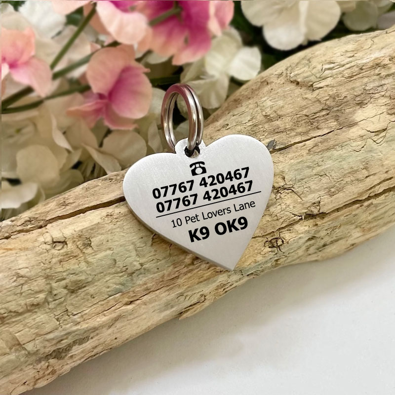 Pet ID Tag Personalised Heart Shaped with MICROCHIPPED and CUTE DOG face