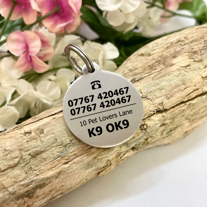 Dog ID Tag Personalised Round Shaped with MICROCHIPPED and LABRADOR GOLDEN RETRIEVER Face