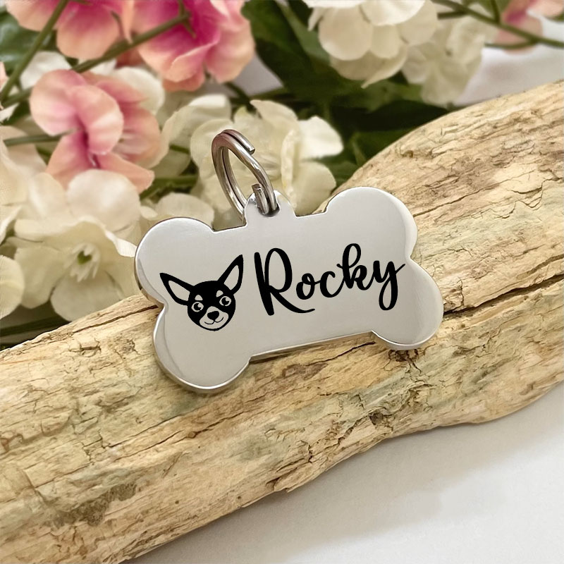 Dog ID Tag Personalised Bone Shaped With CHIHUAHUA Face and your DOGS NAME