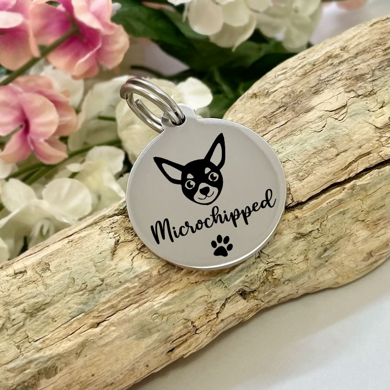 Dog ID Tag Personalised Round Shaped with MICROCHIPPED and CHIHUAHUA Face