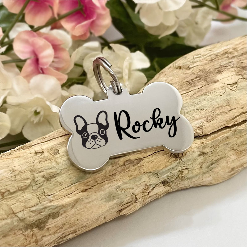 Dog ID Tag Personalised Bone Shaped with FRENCH BULLDOGS Face and your DOGS NAME