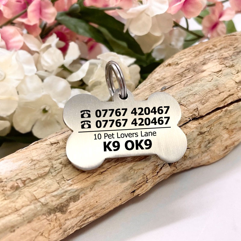 Dog ID Tag Personalised Bone Shaped with HELP I'VE LOST MY MUM..