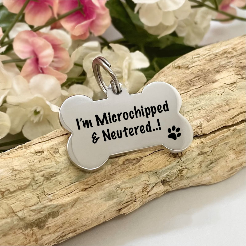 Dog ID Tag Personalised Bone Shaped with I'M MICROCHIPPED & NEUTERED