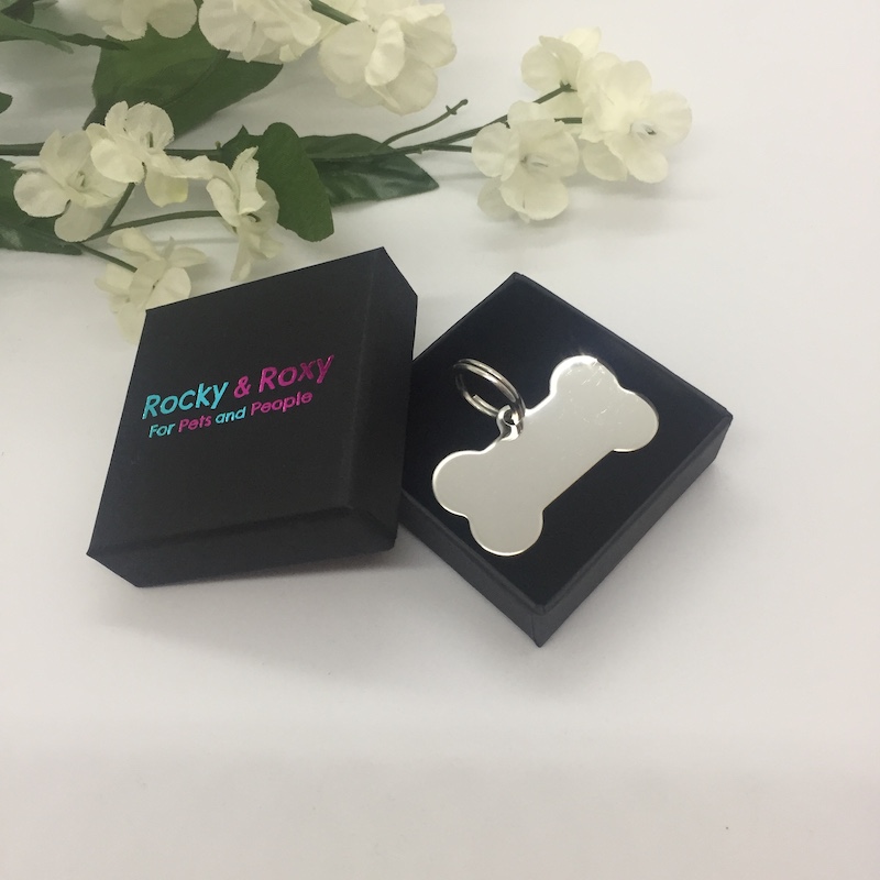 Dog ID Tag Personalised Bone Shaped with I'M MICROCHIPPED AND SPAYED